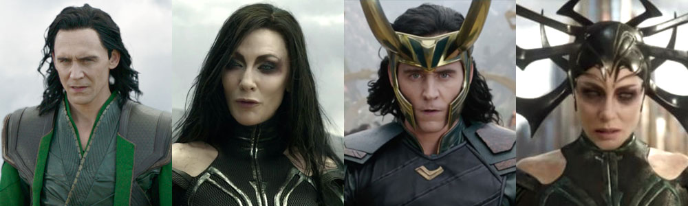 Loki and Hela, compared side by side in battle armor and in custom attire.
