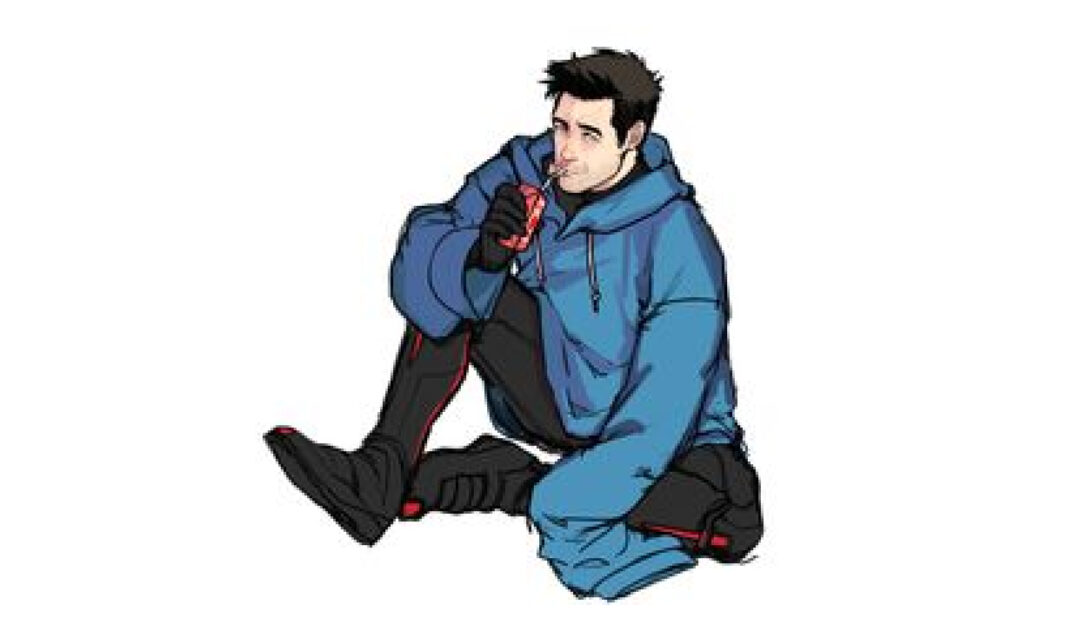 Scott Lang sitting on the floor drinking juice with a white background